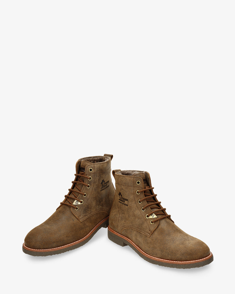 Glasgow Igloo botines de piel con forro interior de pelo natural. marron